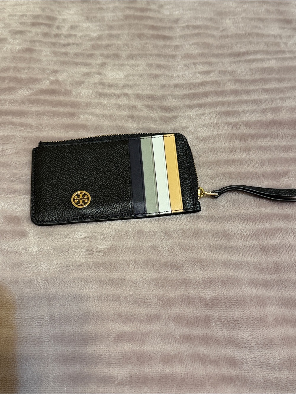 Tory Burch Black Leather Wristlet Card Case with Multicolor Stripes